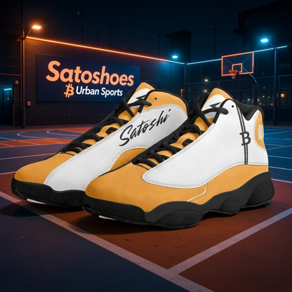 Orange White Satoshi's Black Sole High-Top Leather Basketball Sneakers