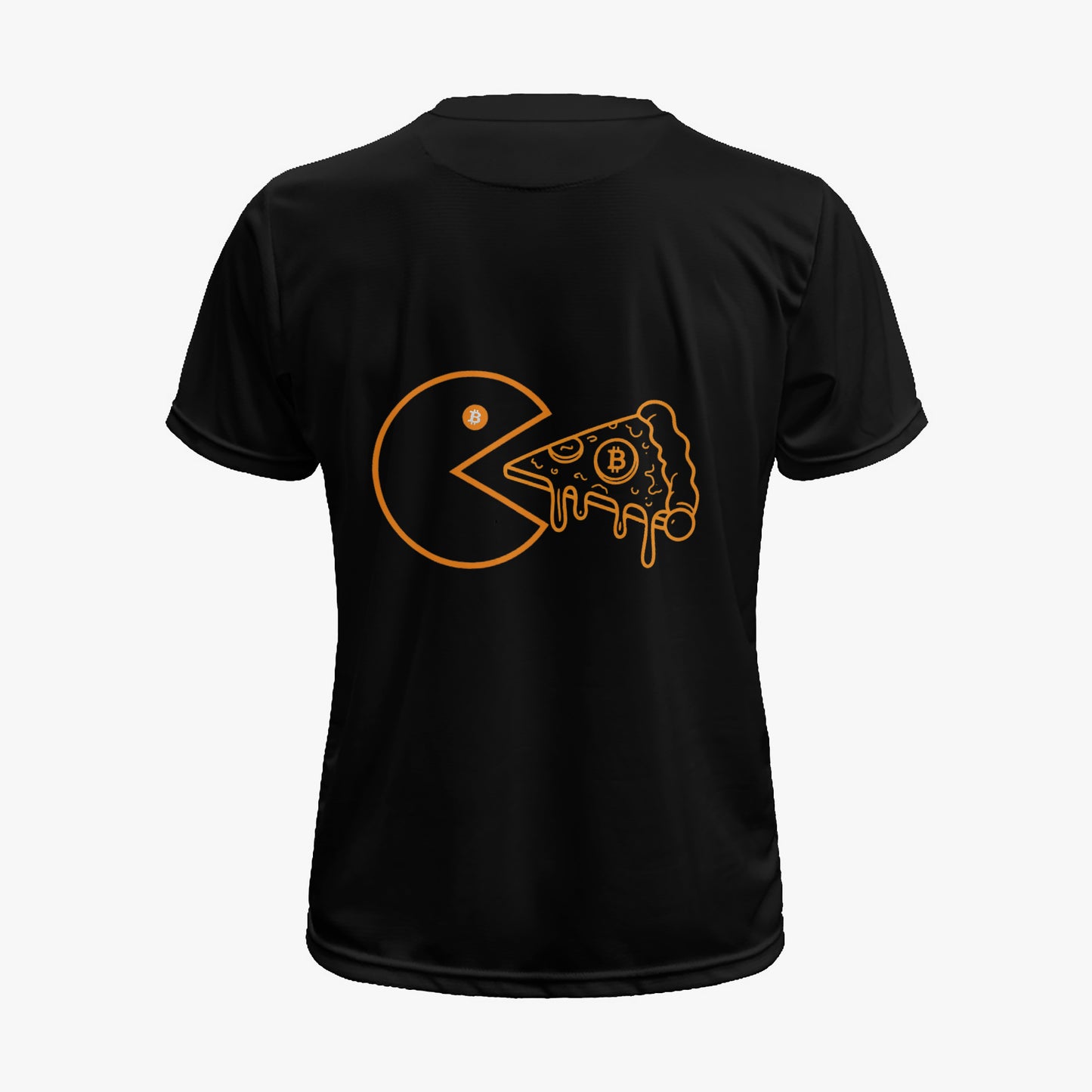 Back of black Satoshoes tee with Pac-Man eating a Bitcoin pizza slice line-art print in Bitcoin orange