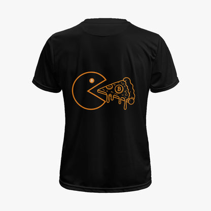 Back of black Satoshoes tee with Pac-Man eating a Bitcoin pizza slice line-art print in Bitcoin orange