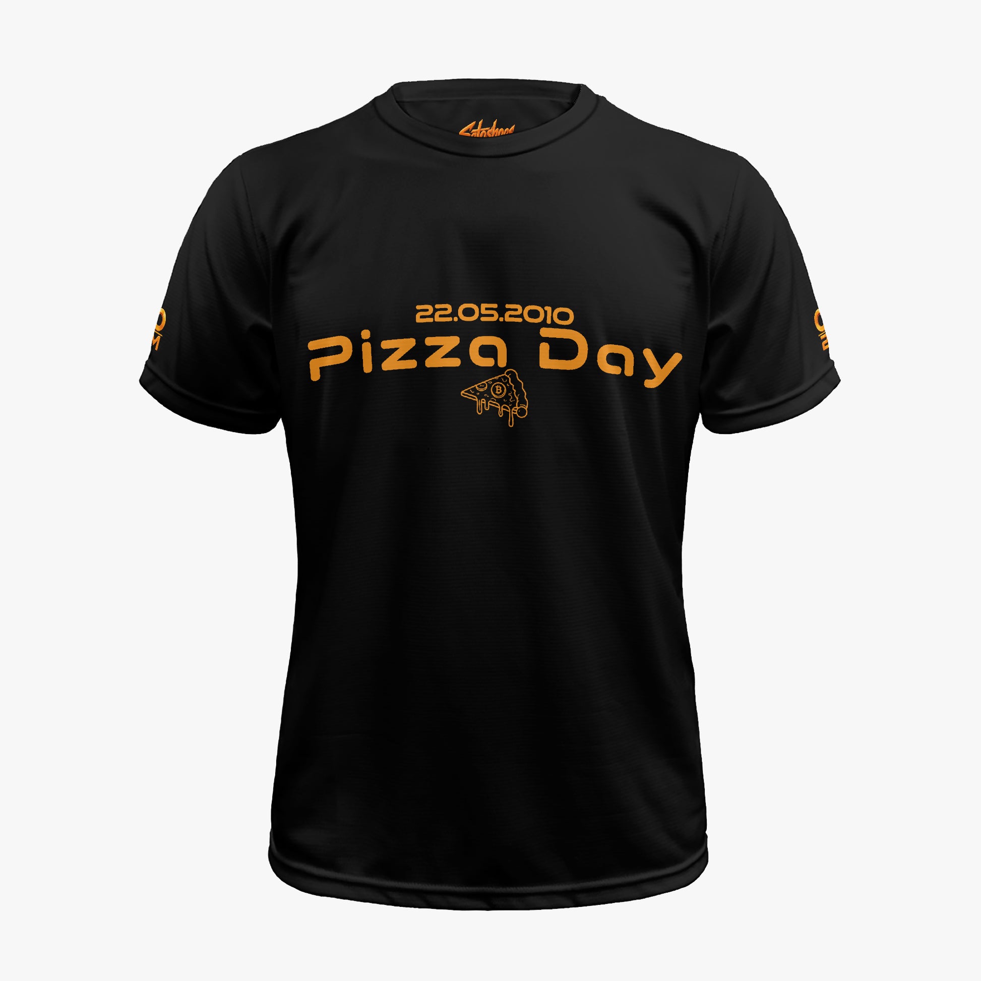 Black Bitcoin Pizza Day t-shirt with 22.05.2010 Pizza Day text and Bitcoin pizza slice in orange