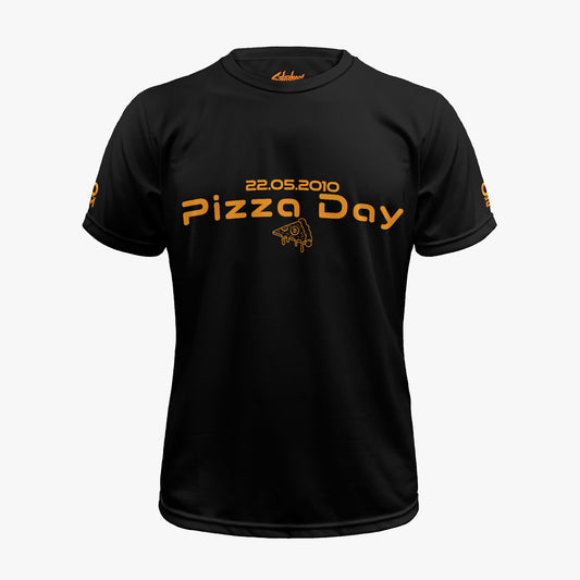 Black Bitcoin Pizza Day t-shirt with 22.05.2010 Pizza Day text and Bitcoin pizza slice in orange