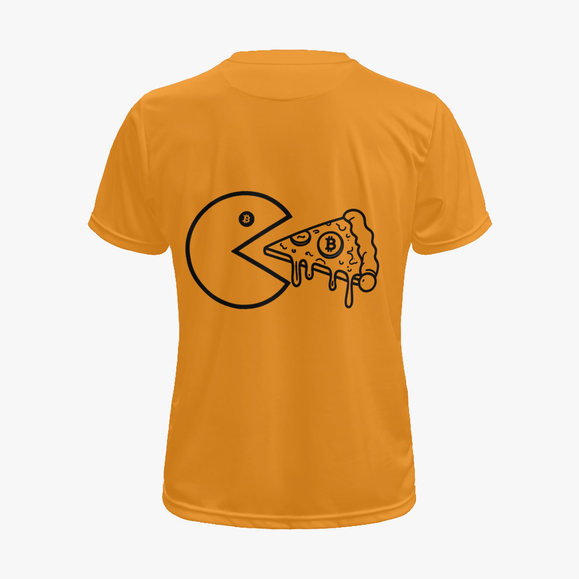 Back of Bitcoin-orange Satoshoes tee with Pac-Man eating a Bitcoin pizza slice line-art print