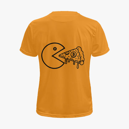 Back of Bitcoin-orange Satoshoes tee with Pac-Man eating a Bitcoin pizza slice line-art print