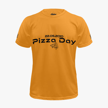 Bitcoin-orange Pizza Day t-shirt with 22.05.2010 Pizza Day text and Bitcoin pizza slice