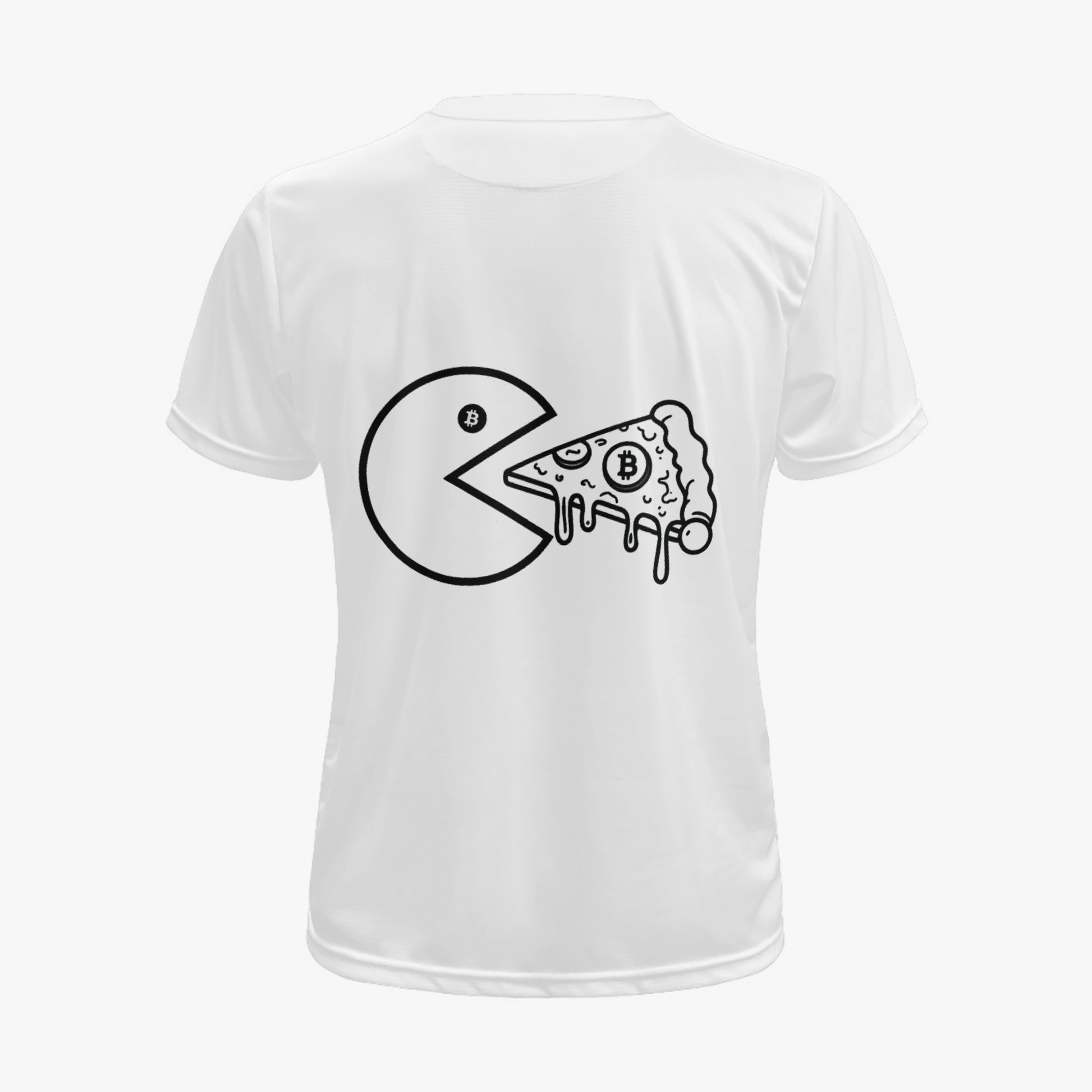 Back of white Satoshoes tee with Pac-Man eating a Bitcoin pizza slice line-art print