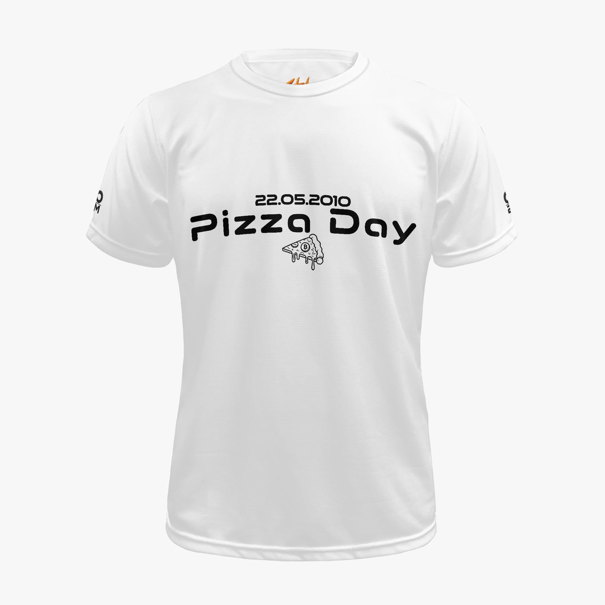 White Bitcoin Pizza Day t-shirt with 22.05.2010 Pizza Day text and Bitcoin pizza slice