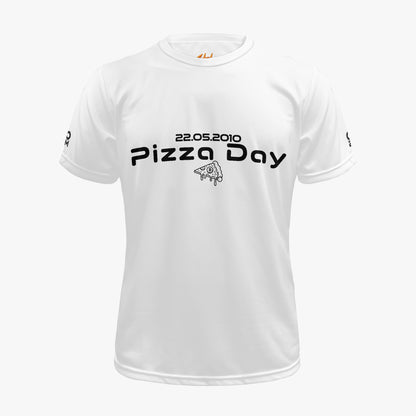 White Bitcoin Pizza Day t-shirt with 22.05.2010 Pizza Day text and Bitcoin pizza slice