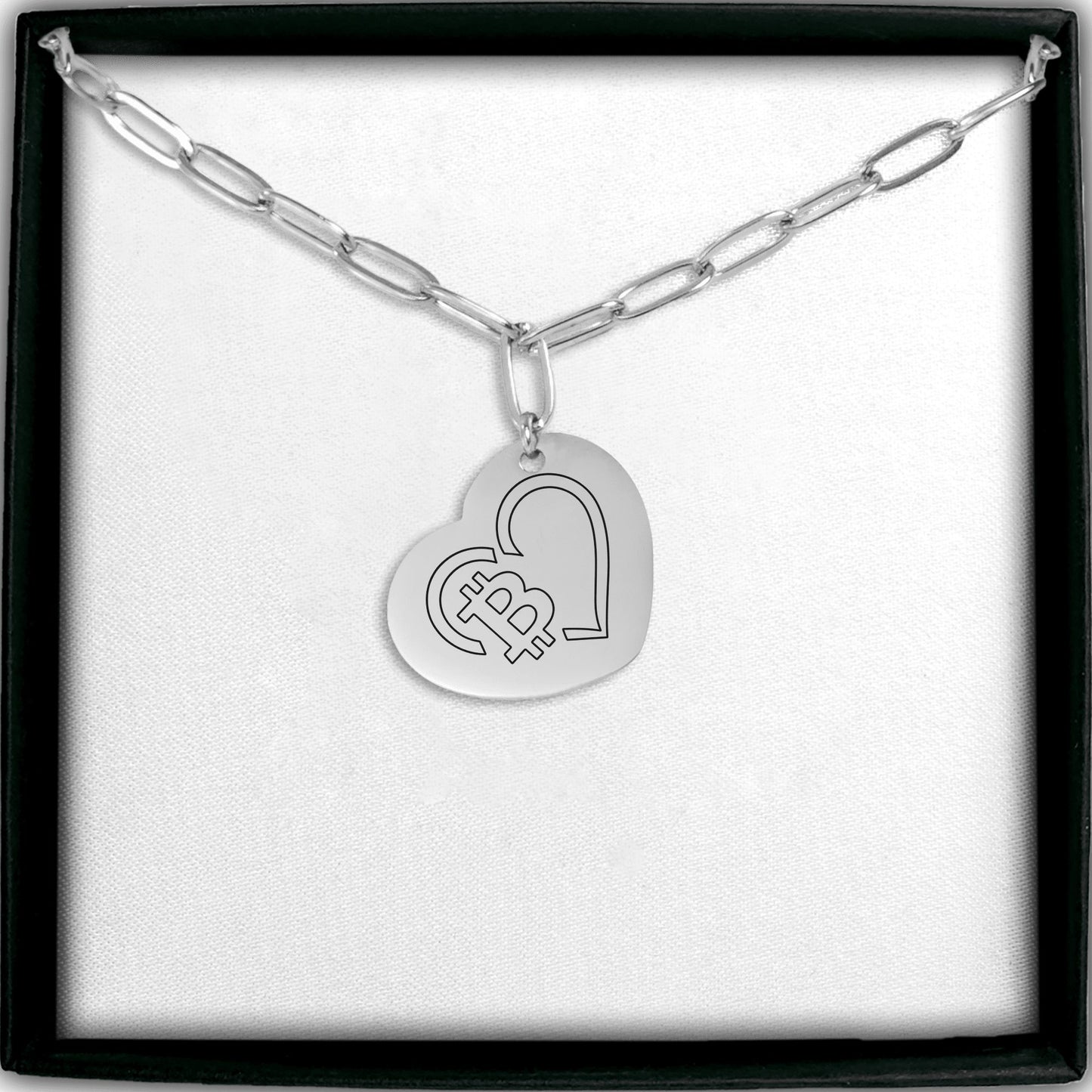 Paperclip Chain Bitcoin Heart Necklace Laser Engraved