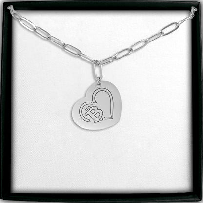 Paperclip Chain Bitcoin Heart Necklace Laser Engraved