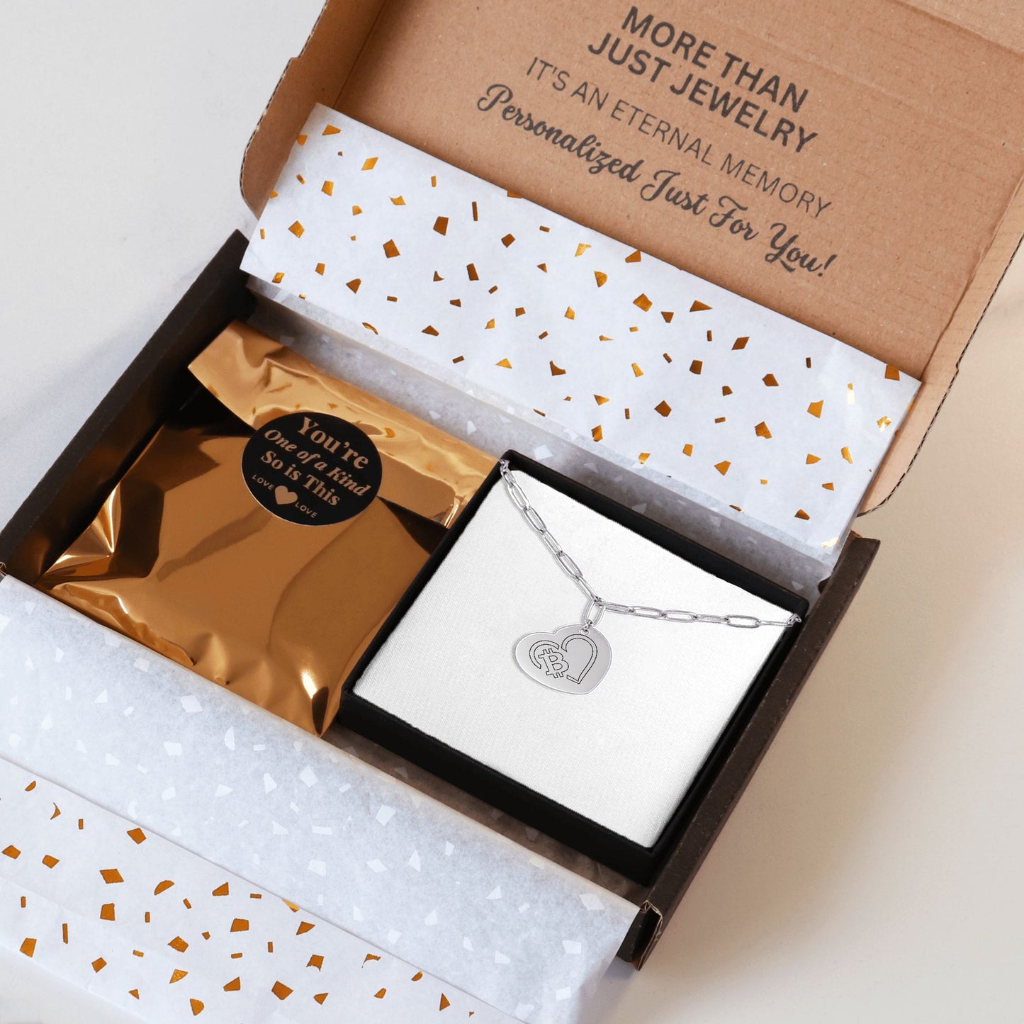 Paperclip Chain Bitcoin Heart Necklace Laser Engraved