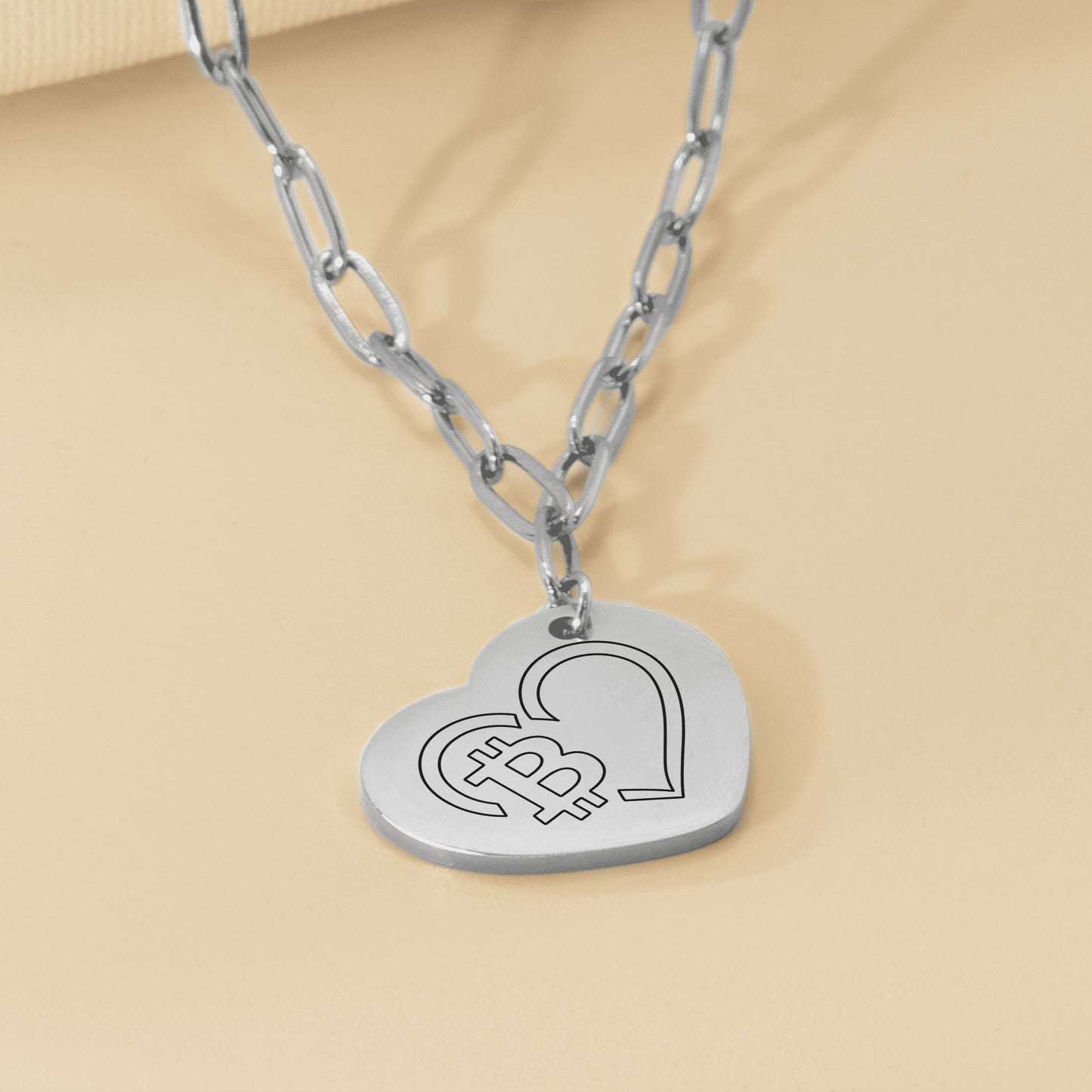 Paperclip Chain Bitcoin Heart Necklace Laser Engraved
